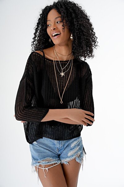 CHUBA Pulover negru din tricotaj transparent ajurat - Gât barca 24s159