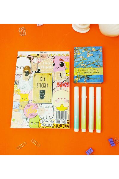 Gift Moda Sticker Defterli Ve Morandi Tarzı Yeşil Tonları Keçeli kalemli Kırtasiye Seti