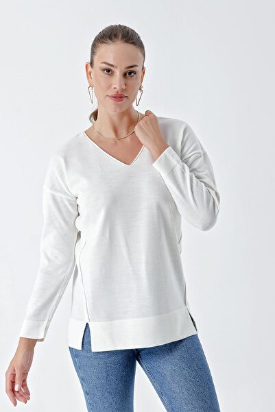 CHUBA Ecru V-Neck Knitwear Sweater - Comfortable Fit, Peer Stitching Detail, 24W117