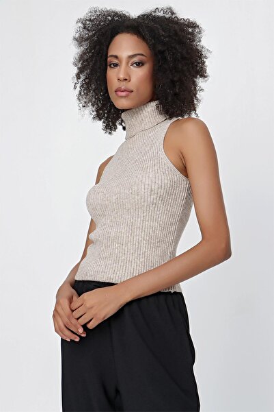 CHUBA Women's Turtleneck Ribbed Sleeveless Melange Knitwear Sweater Mink 23w315