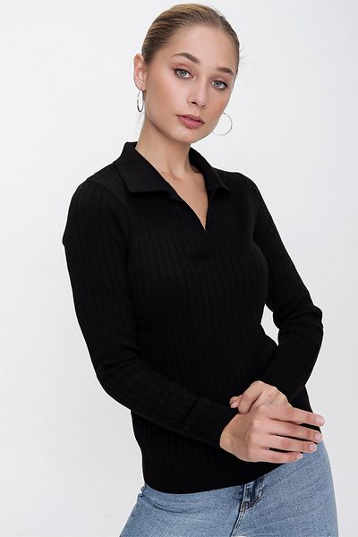 CHUBA Women's Black Polo Neck Comfortable Fit Ribbed Thin Knitwear Sweater 22wk203