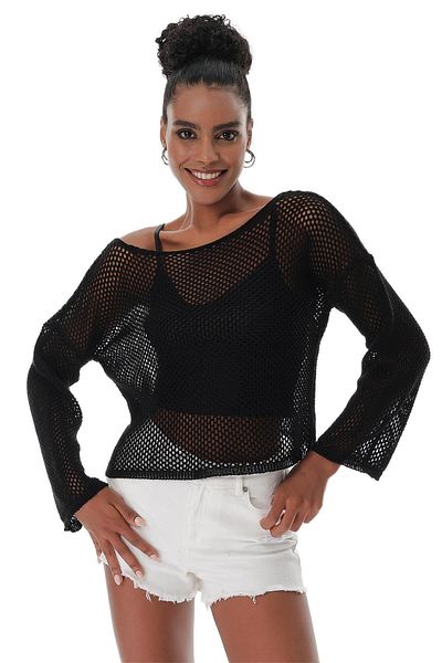 CHUBA Women's Mesh Knit Cotton Bolero Knitwear Sweatshirt Black 23s1006