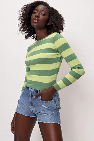 CHUBA Women's Striped Crew Neck Knitwear Sweater Green-Lime 22sw301
