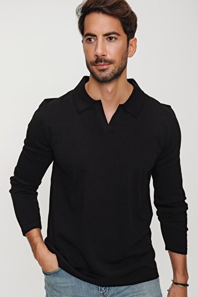 CHUBA Men's Black Reddington Polo Collar Long Sleeve Thin Knitwear Sweater 22w403