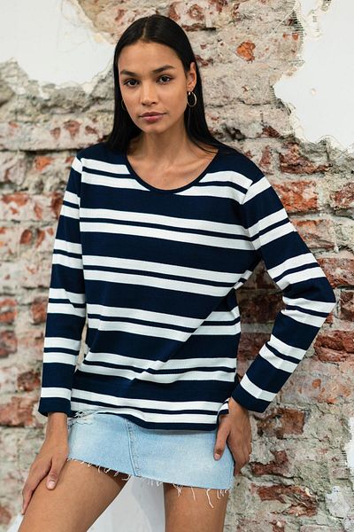 CHUBA Women's Rustic Crew Neck Striped Knitwear Sweater Navy Blue 24w111
