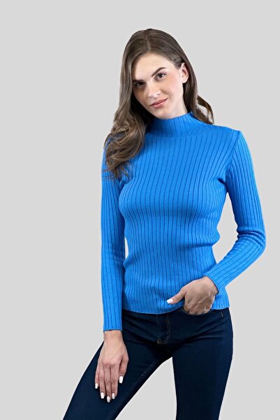 Miss Poem Pulover de damă, cu jumătate de mânecă, cu gâtul turn, de iarnă, de bază, albastru