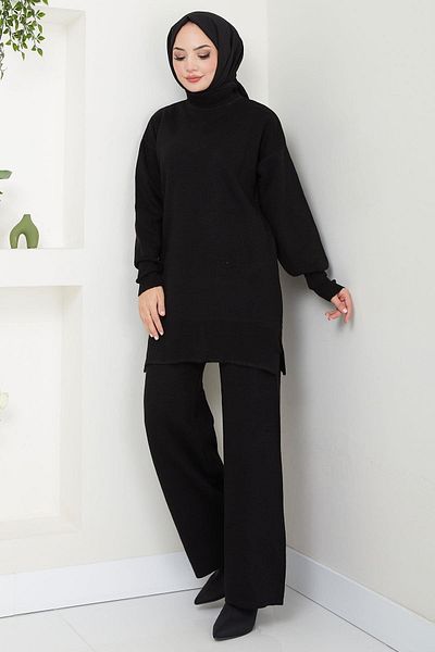 hafsamina Black Single Color Double Knitwear Set - Hm2574