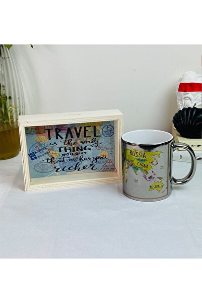 Gift Moda Travel Journal Tasarımlı Ahşap Kumbara Ve Dünya Haritası Gümüş Kupa Set