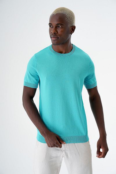 CHUBA Men's Crewneck Standard Fit Cotton Short Sleeve Knitwear Sweatshirt Turquoise 24s261