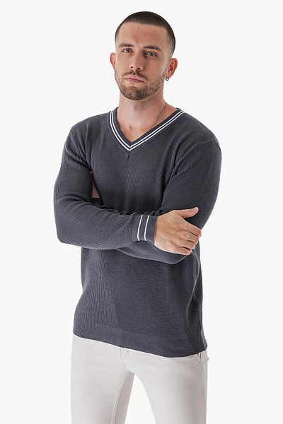 CHUBA Ανδρικό πλεκτό πουλόβερ Anthracite 23s2002 με ρίγες V λαιμόκοψης