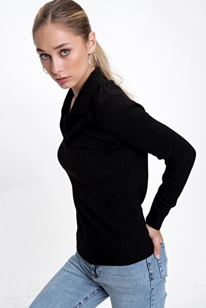 CHUBA Women's Black Polo Neck Comfortable Fit Ribbed Thin Knitwear Sweater 22wk203