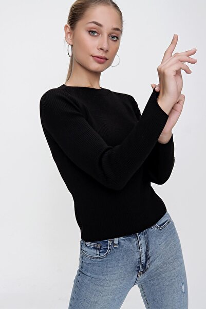 CHUBA Pulover negru de damă, cu gât crew, tricot subțire cu nervuri 22wk201