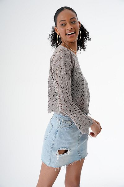 CHUBA Women's Crew Neck Openwork Knitwear Sweater Mink 24S160