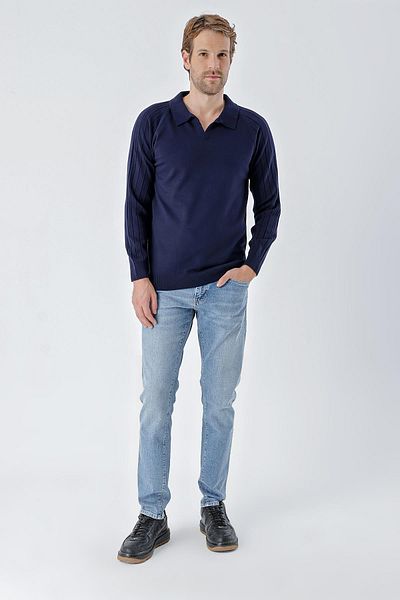 CHUBA Men's Standard Fit Raglan Sleeve Polo Neck Knitwear Sweater Navy Blue 24W210