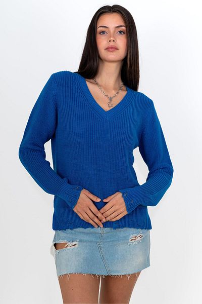 CHUBA Pulover de tricotaj albastru cu decolteu în V - Tricotat Thessaloniki, bumbac 24w144