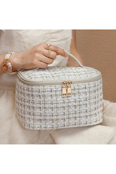 ADEN BEBEK AKSESUARLARI منظم مستحضرات التجميل وحقيبة السفر باللون الأبيض من تويد (21 × 14 × 14 سم)