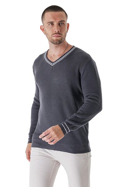 CHUBA Ανδρικό πλεκτό πουλόβερ Anthracite 23s2002 με ρίγες V λαιμόκοψης