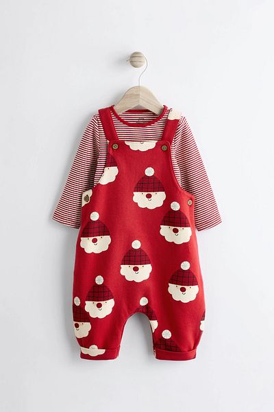 Next Baby 100% Organic Cotton Red Santa Claus Patterned 2 Piece New Year's Overalls Set Alyn22270