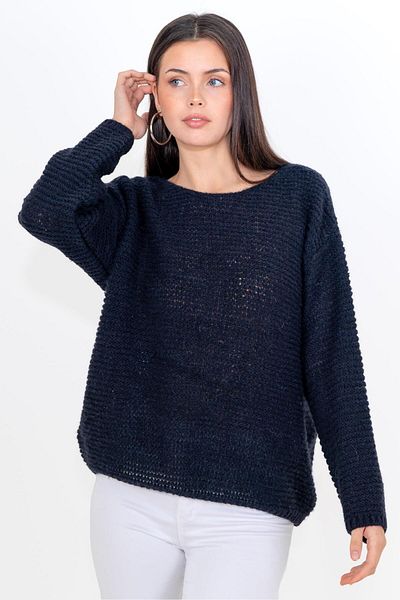 CHUBA Women's Textured Soft Button Alpaca Wool Boat Neck Knitwear Sweater Navy Blue 24W143