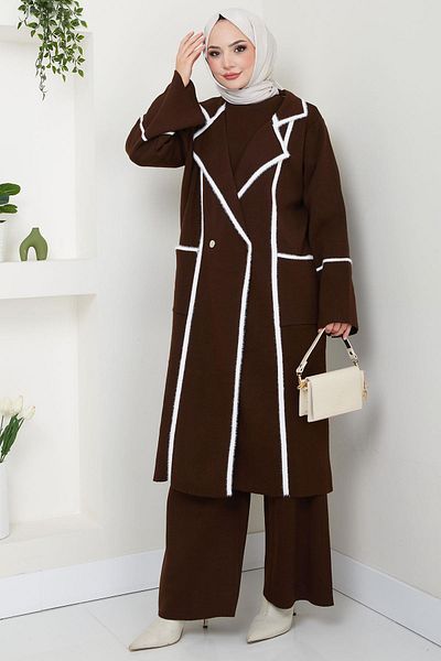 hafsamina Triple Beard Garnished Knitwear Set - Brown Hm2534