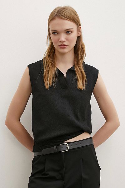 Never more Pulover negru turcoaz cu gât polo