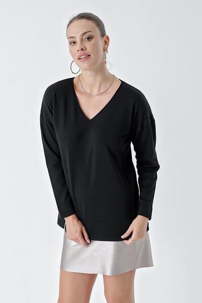 CHUBA Pulover negru din tricot cu decolteu în V - Potrivire confortabilă, cusături înclinate 24w117