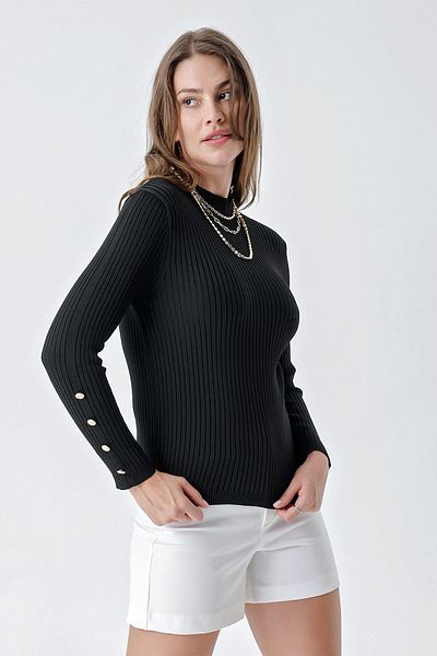 CHUBA Pulover de damă, cu jumătate de gât țestoasă, cu nasturi, tricotaje cu nervuri, negru 24w107