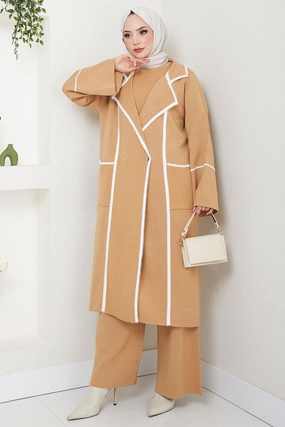 hafsamina Camel Color Beard Detailed Triple Knitwear Set - Hm2534