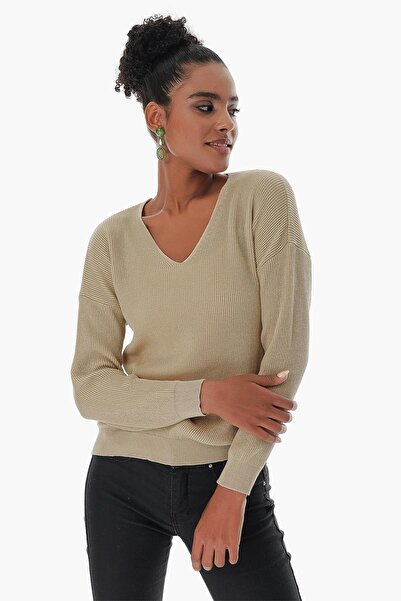 CHUBA Γυναικείο βαμβακερό πουλόβερ V λαιμόκοψη με πλέξη Σαλονίκης καφέ 23s1004