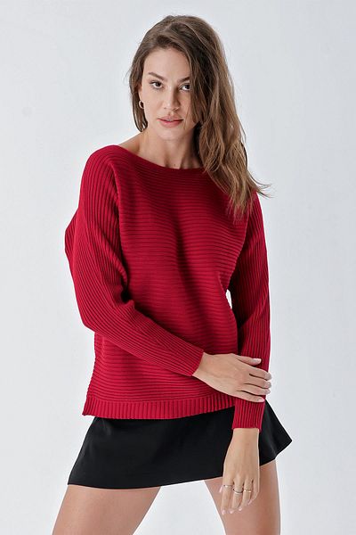 CHUBA Women's Boat Neck Ribbed Loose Knitwear Sweater Red 24w109