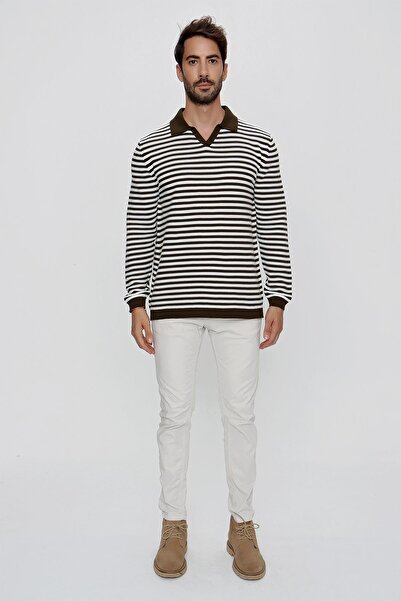 CHUBA Ανδρικό πλεκτό πουλόβερ με ριγέ πόλο λαιμόκοψη μακρυμάνικο σκούρο χακί-εκρού 23w203