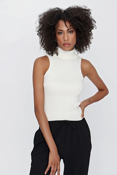 CHUBA Women's Turtleneck Ribbed Sleeveless Melange Knitwear Sweater Ecru 23w315