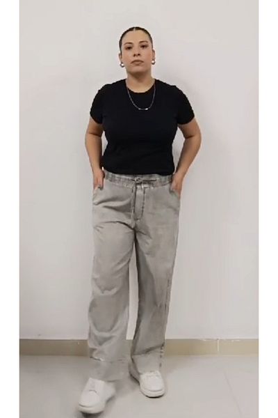 AKŞEN GİYİM High Waist and Glitter Detailed Lycra Free Cotton Women's Trousers - Large Size