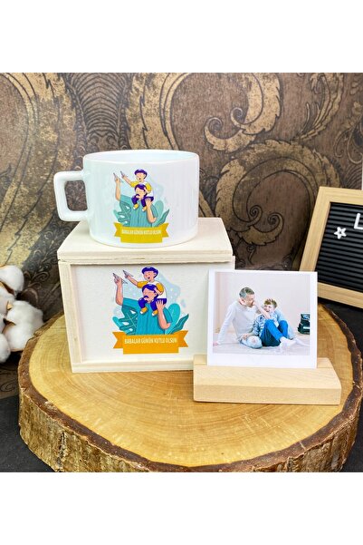 Gift Moda Babalar Günü Tasarımlı Kutulu Kupa Ve Ahşap Fotoğraf Tutucu Set