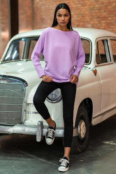 CHUBA Pulover de damă, cu gât de barcă, cu nervuri, largi, liliac 24w109