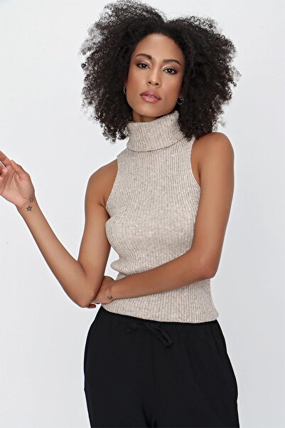 CHUBA Women's Turtleneck Ribbed Sleeveless Melange Knitwear Sweater Mink 23w315