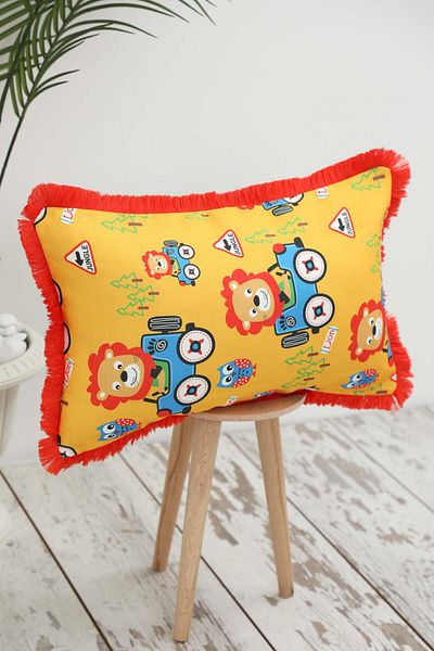 Aisha's Design Lion and Owl Themed Fringed Children's Throw Pillow Cover - 50X30 Cm, K-405