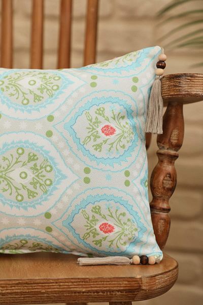 Aisha's Design Soft Blue Damla Damask Patterned Throw Pillow Cover - Tassel and Bead Detail, 50X30 Cm, K-404