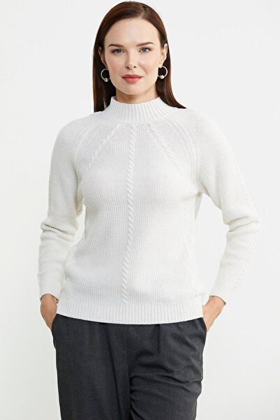 Sementa Woolen Motif Detailed Stand Collar Knitwear Sweater - Bone