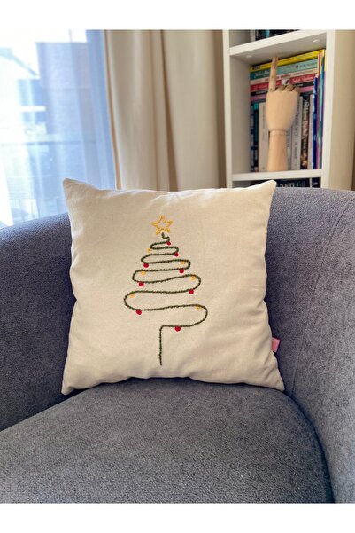 Les Passent Изпрана ленена коледна и новогодишна възглавница с бродерия на бор