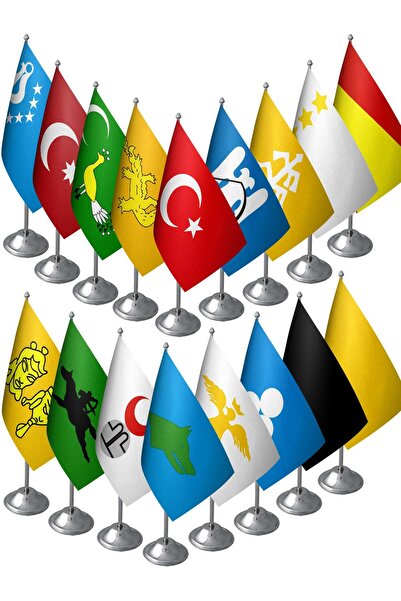 Saturn 17'li Eski Türk Devletleri Masa Bayrakları Seti - 17 Krom Direk + 17 Bayrak