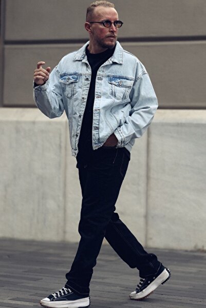 MADZEYMODA Men's Oversize Mold Back Printed Light Blue Jean Jeans Jacket