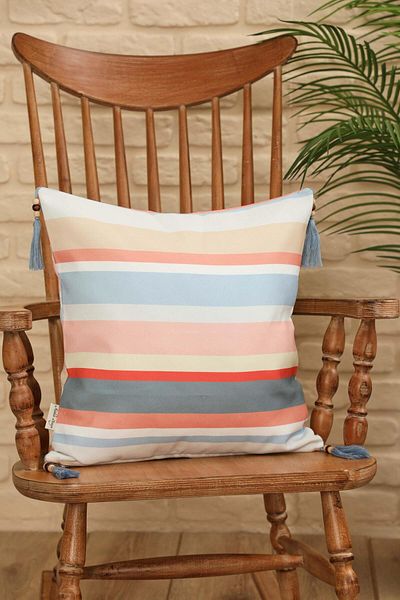 Aisha's Design Pastel Striped Tassel and Bead Detailed Throw Pillow Cover - 45X45 Cm, K-406