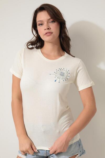 AMİDA Tricou de damă Ecru cu broderie pe umeri - decolteu, mânecă scurtă - 2419