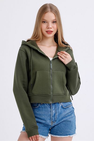 MD trend Women's Hooded Pocket Zipper Closure Fleece Inside Crop Sweatshirt