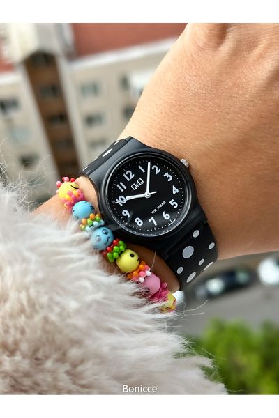 Q&Q 10Bar Polka Dot Black Silicone Cord - Waterproof Girl's Boy's Wristwatch