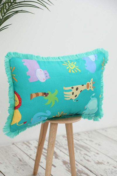 Aisha's Design Turquoise Animals Patterned - Fringed Edge Children's Throw Pillow Cover 50X30 Cm, K-405