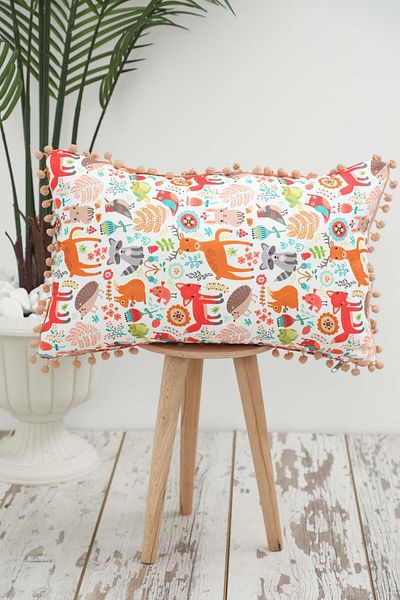 Aisha's Design Deer Hedgehog Patterned 50X30 cm Children's Throw Pillow Cover - Pompom Edges, K-400