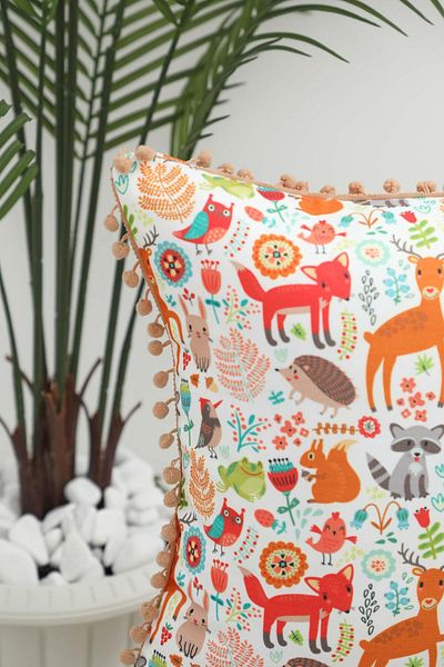 Aisha's Design 45X45 cm Deer Patterned Children's Pompom Cushion - K-401