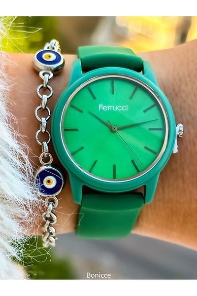Ferrucci Green Coloured Brand Silicone Cord Women's Wrist Watch and Evil Eye Beaded Bracelet